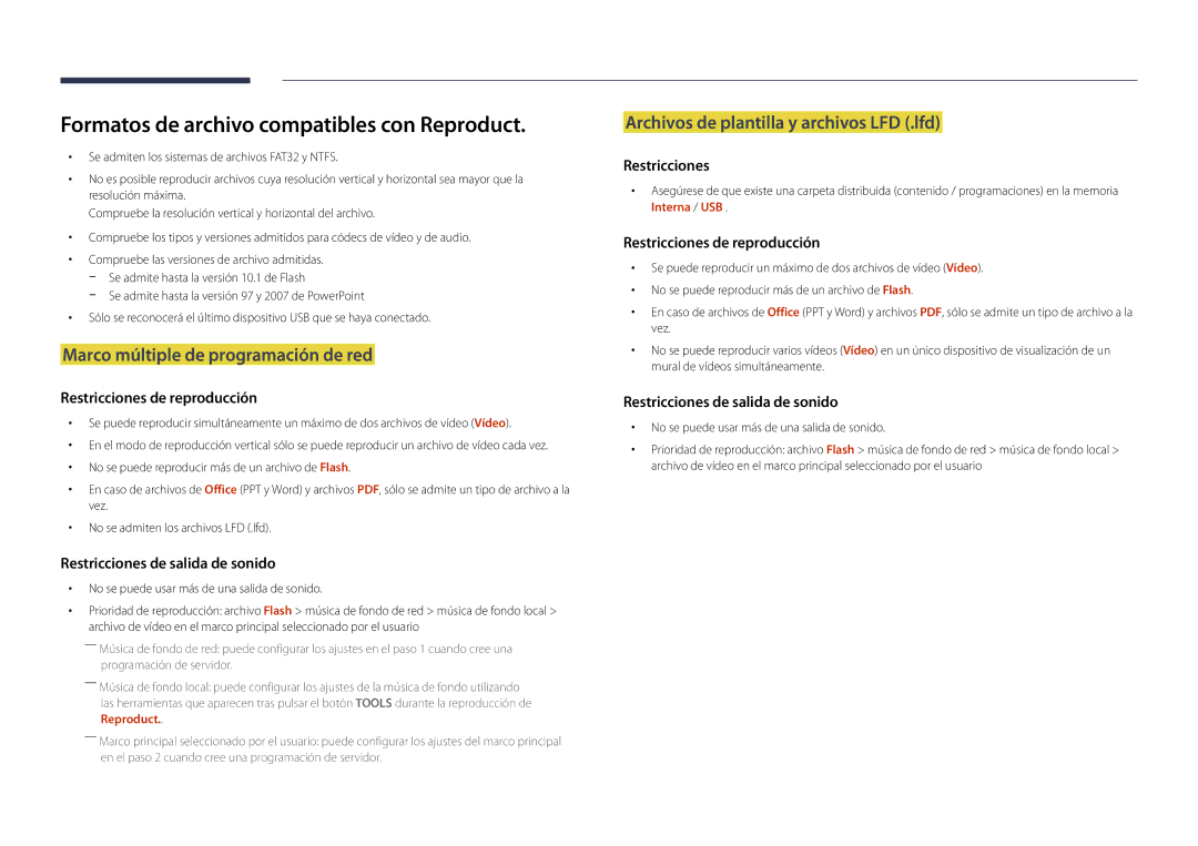 Samsung LH22DBDPLGC/EN manual Formatos de archivo compatibles con Reproduct, Marco múltiple de programación de red 