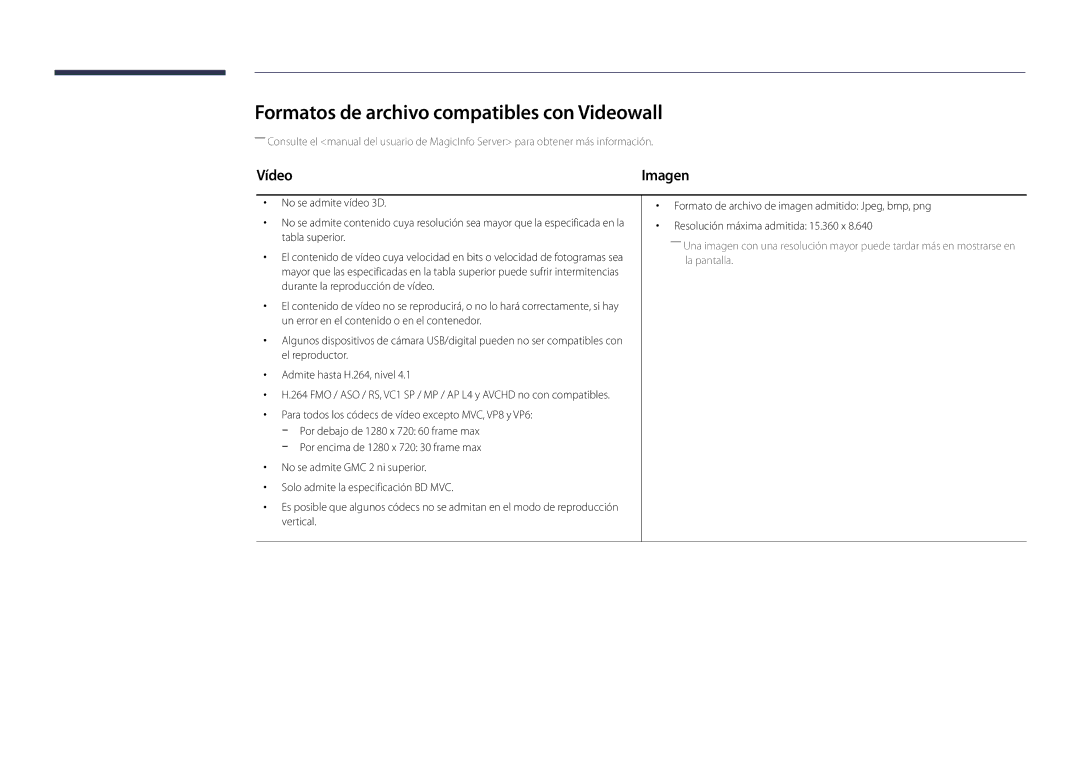 Samsung LH22DBDPLGC/EN manual Formatos de archivo compatibles con Videowall, Vídeo 