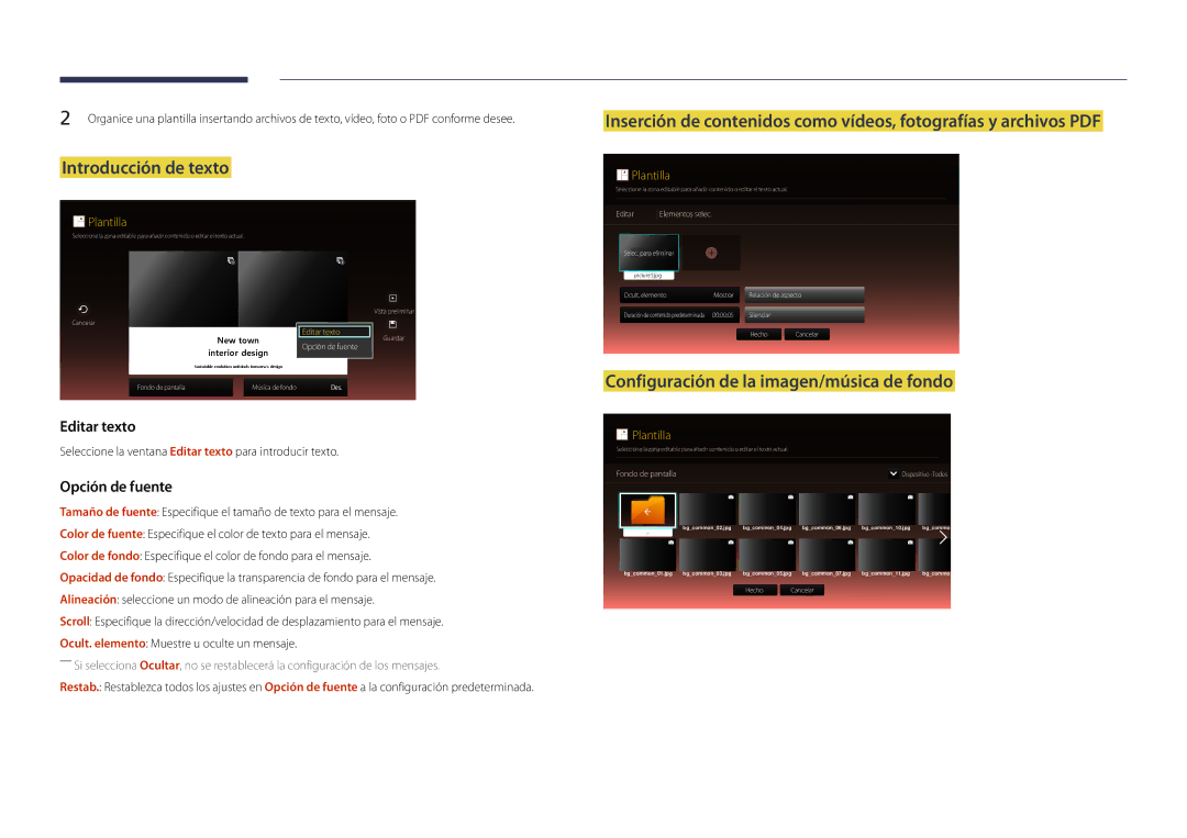 Samsung LH22DBDPLGC/EN manual Introducción de texto, Configuración de la imagen/música de fondo 