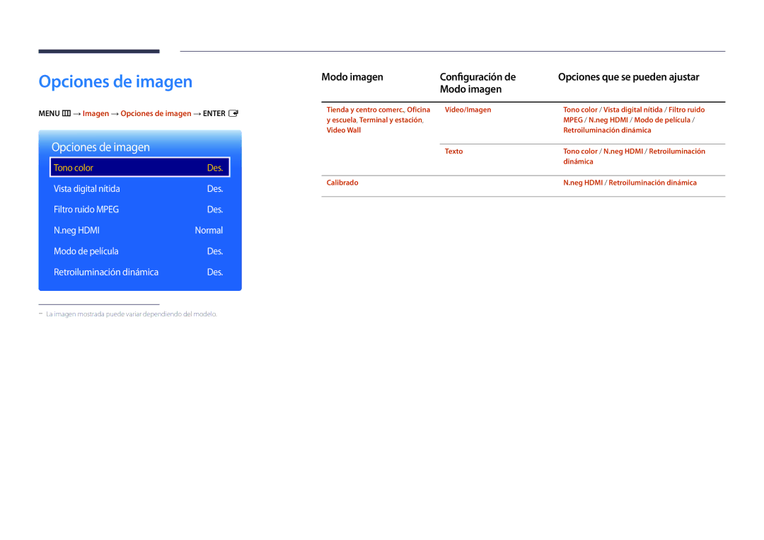 Samsung LH22DBDPLGC/EN manual Opciones de imagen, Modo imagen Configuración de Opciones que se pueden ajustar 