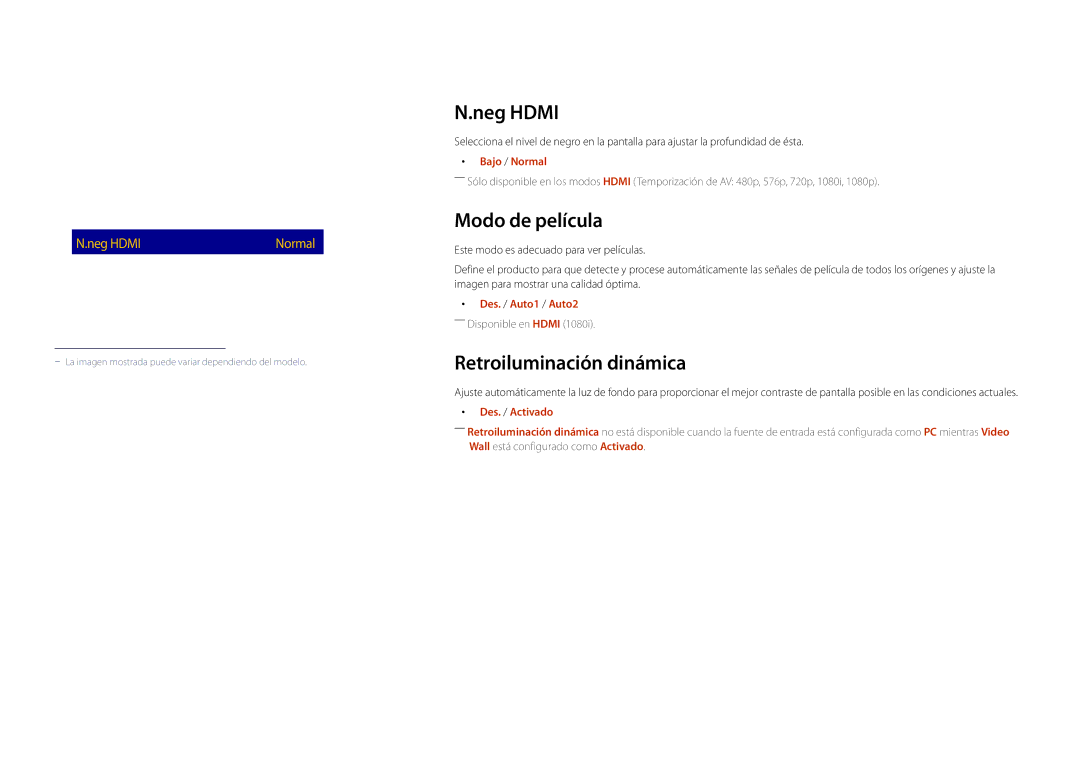 Samsung LH22DBDPLGC/EN manual Neg Hdmi, Modo de película, Retroiluminación dinámica, Bajo / Normal 