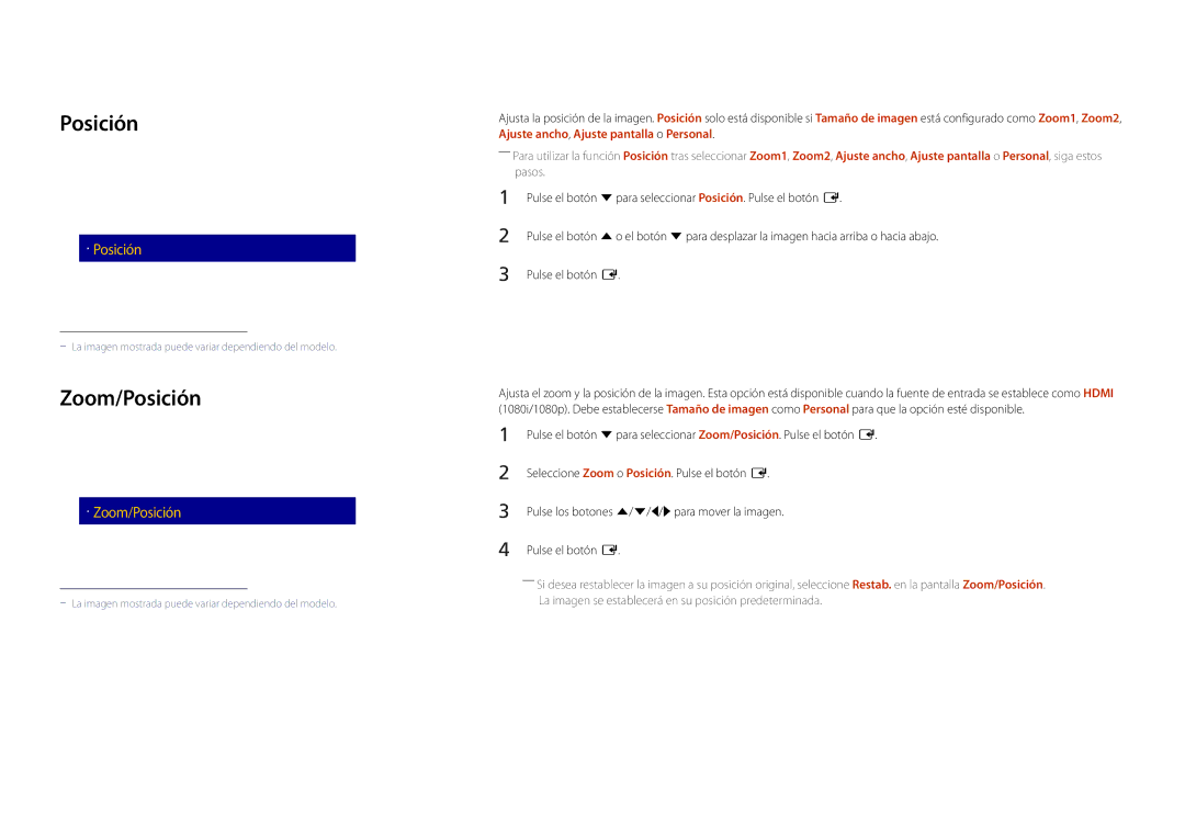 Samsung LH22DBDPLGC/EN manual Zoom/Posición, Tamaño de imagen 
