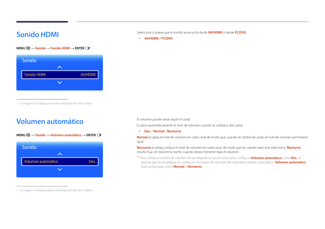 Samsung LH22DBDPLGC/EN manual Volumen automático, Menu m → Sonido → Sonido Hdmi → Enter E, Des. / Normal / Nocturno 