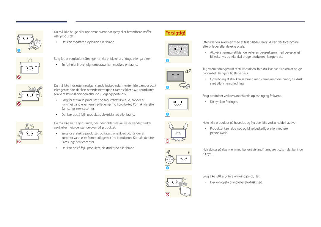 Samsung LH22DBDPLGC/EN manual En forhøjet indvendig temperatur kan medføre en brand 