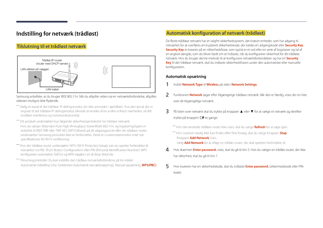 Samsung LH22DBDPLGC/EN manual Indstilling for netværk trådløst, Tilslutning til et trådløst netværk 