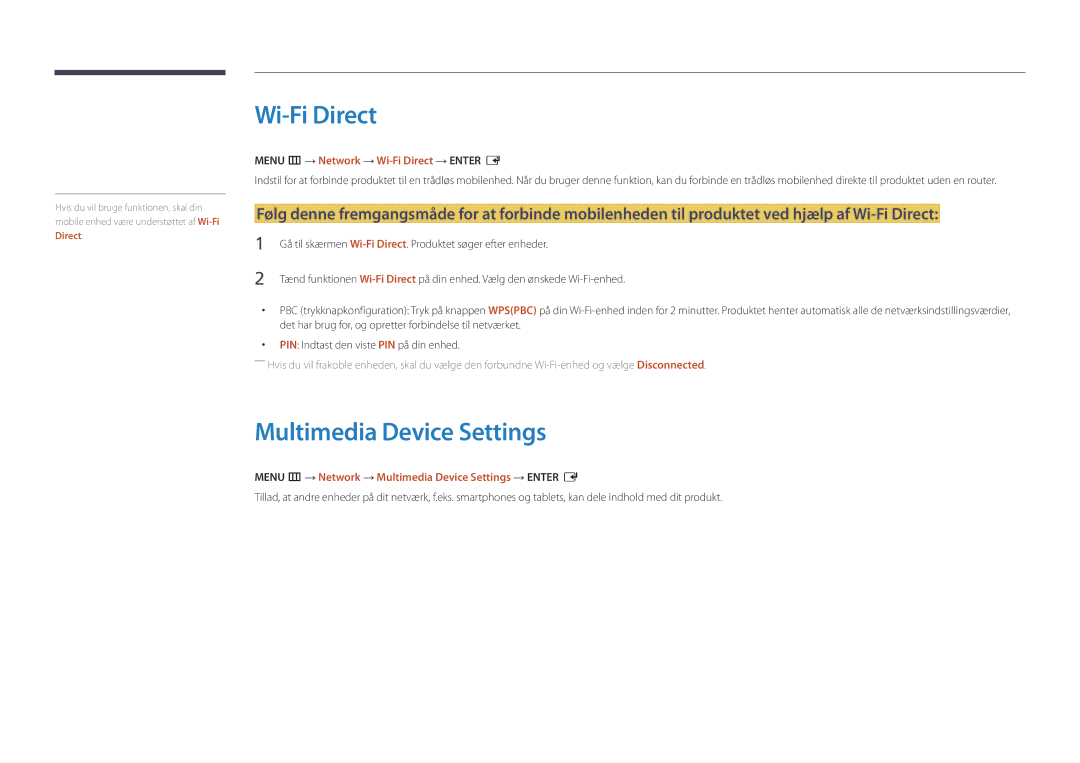 Samsung LH22DBDPLGC/EN manual Multimedia Device Settings, Menu m → Network → Wi-Fi Direct → Enter E 