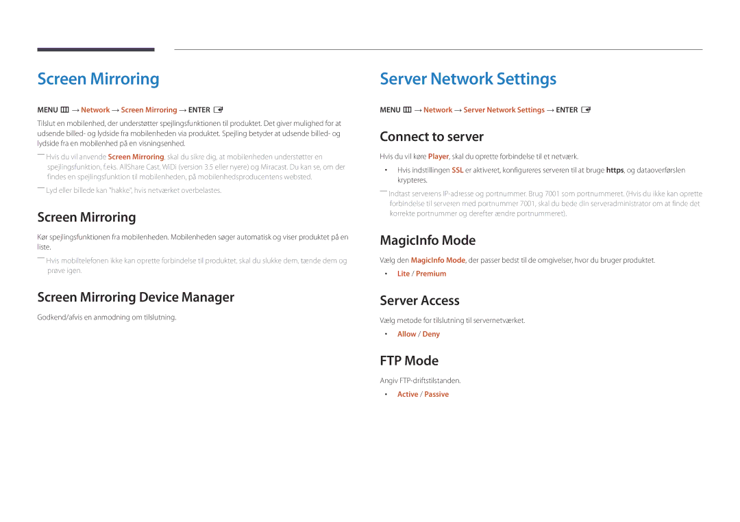 Samsung LH22DBDPLGC/EN manual Screen Mirroring, Server Network Settings 