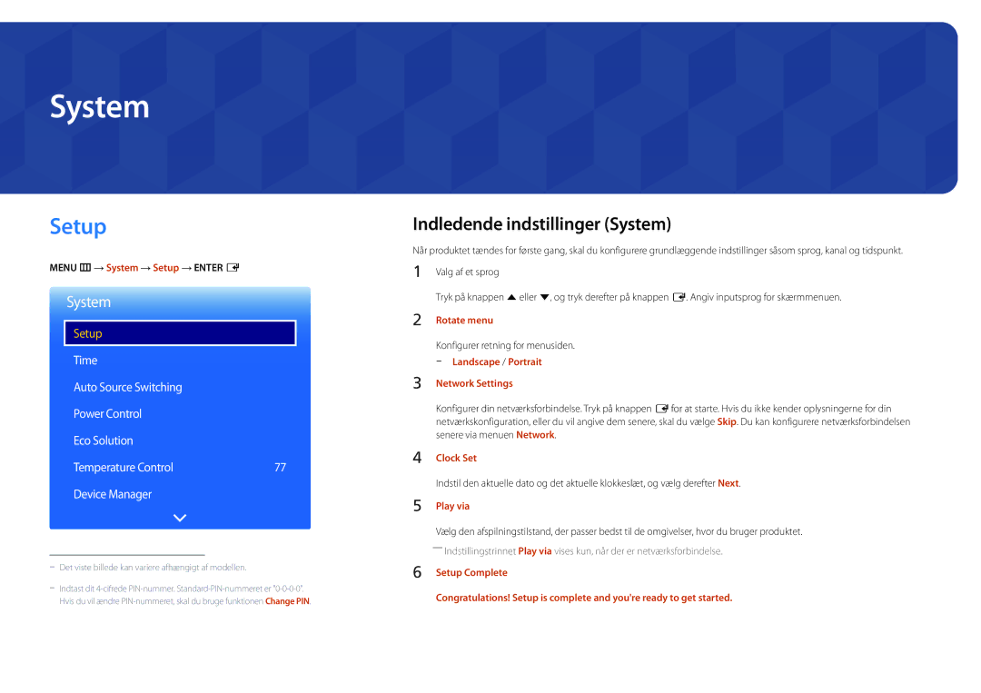 Samsung LH22DBDPLGC/EN manual Setup, Indledende indstillinger System 