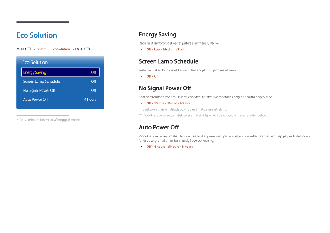 Samsung LH22DBDPLGC/EN manual Eco Solution, Energy Saving, Screen Lamp Schedule, No Signal Power Off, Auto Power Off 