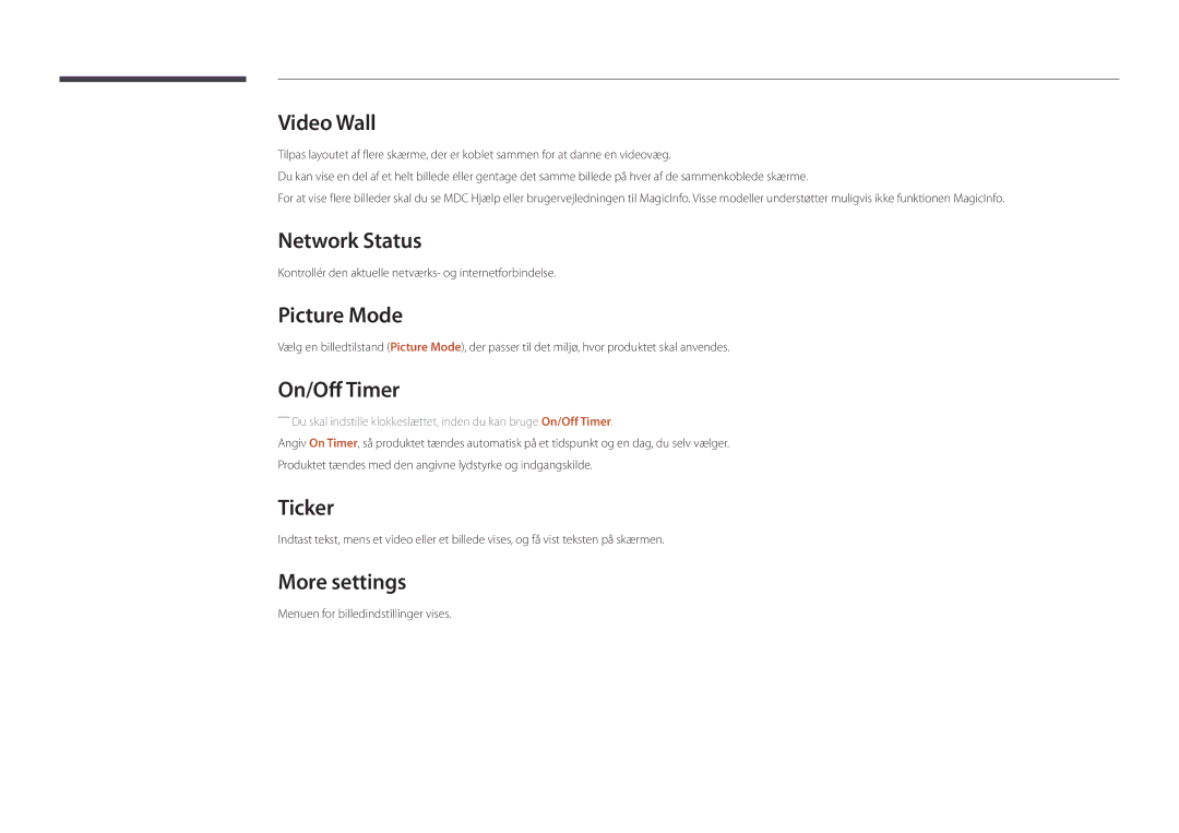 Samsung LH22DBDPLGC/EN manual Network Status, Picture Mode, On/Off Timer, Ticker, More settings 