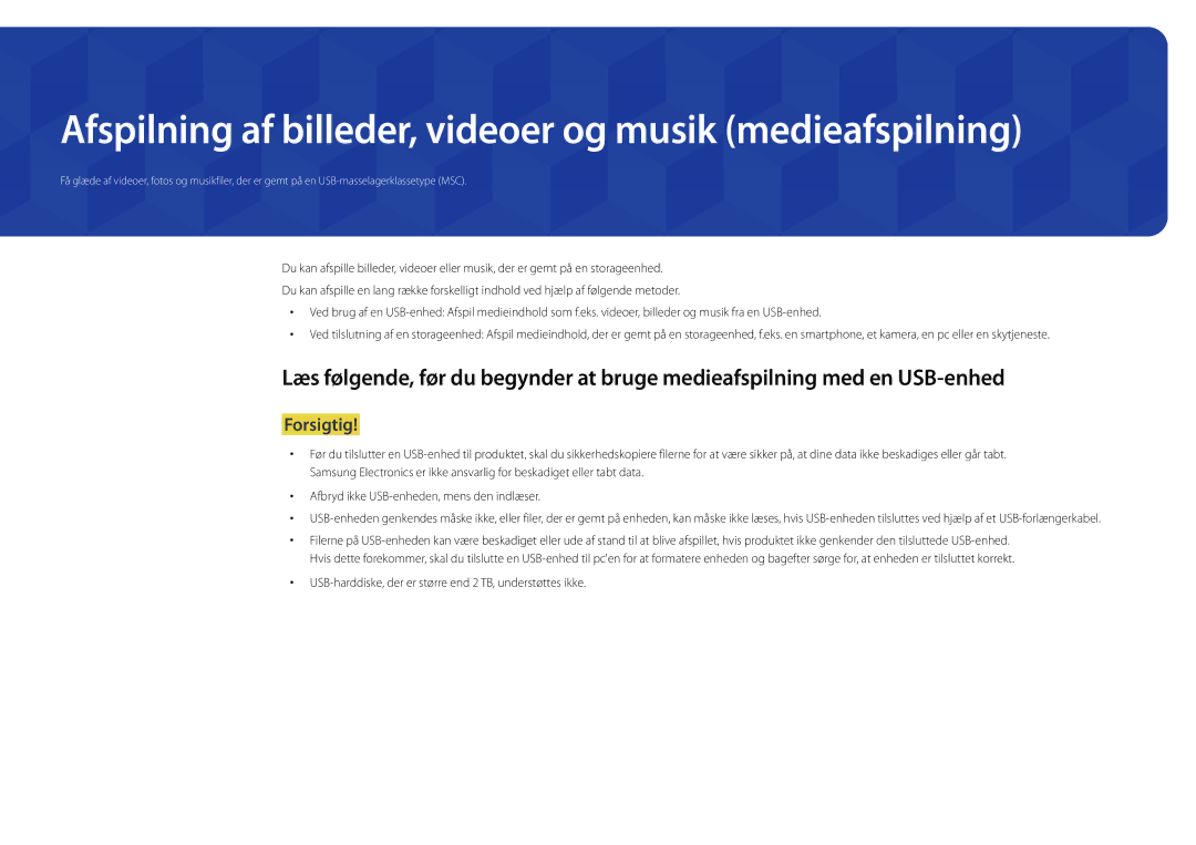 Samsung LH22DBDPLGC/EN manual Afspilning af billeder, videoer og musik medieafspilning 