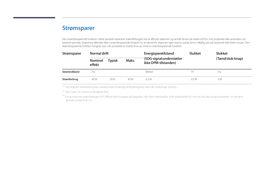 Samsung LH22DBDPLGC/EN manual Strømsparer, Ikke DPM-tilstanden Effekt, Strømindikator Fra Blinker Til Strømforbrug 40 W 