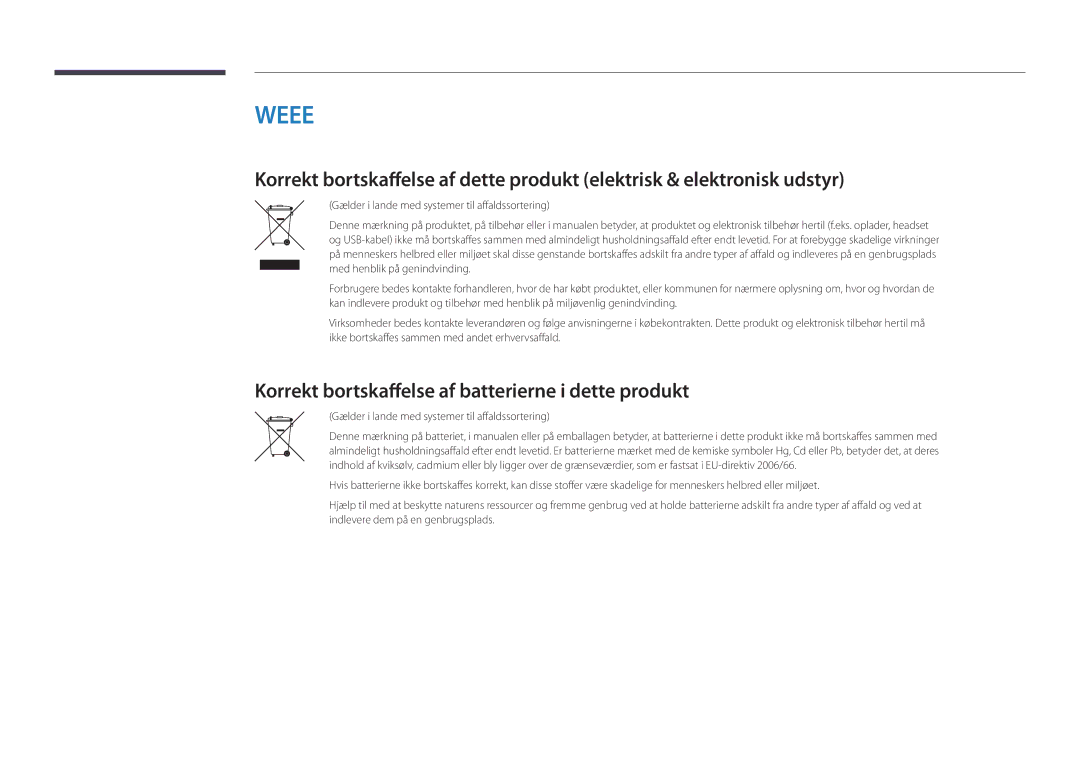 Samsung LH22DBDPLGC/EN manual Korrekt bortskaffelse af batterierne i dette produkt 