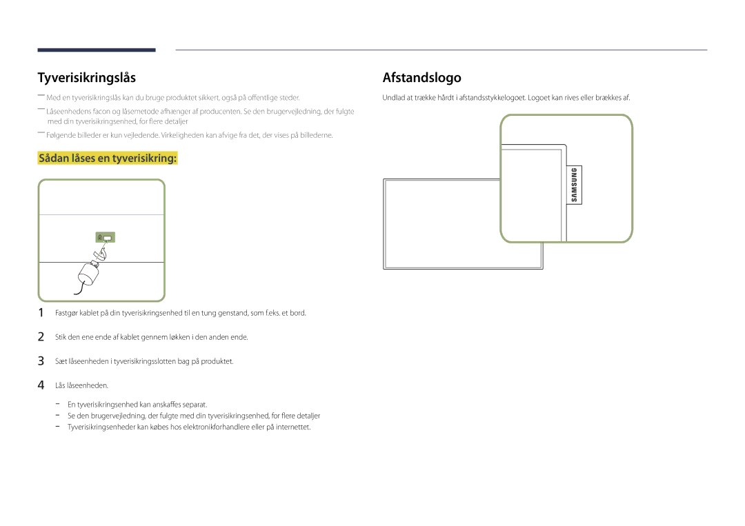 Samsung LH22DBDPLGC/EN manual Tyverisikringslås, Sådan låses en tyverisikring 