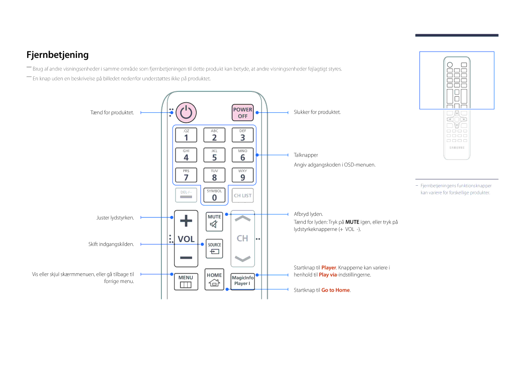 Samsung LH22DBDPLGC/EN manual Fjernbetjening, Tænd for produktet Juster lydstyrken, Skift indgangskilden 