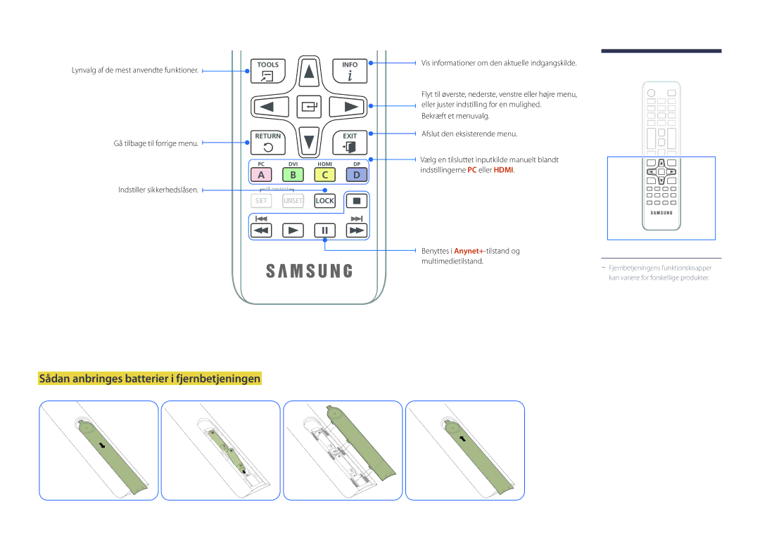 Samsung LH22DBDPLGC/EN manual Sådan anbringes batterier i fjernbetjeningen, Vis informationer om den aktuelle indgangskilde 