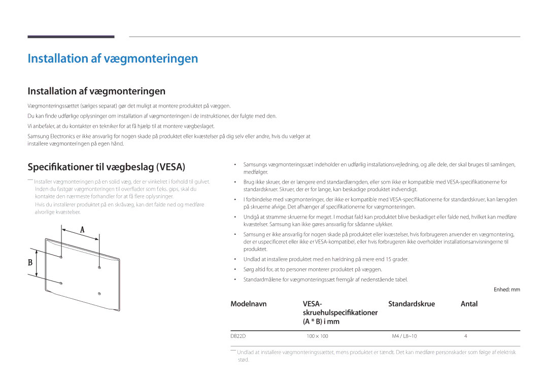 Samsung LH22DBDPLGC/EN manual Installation af vægmonteringen, Specifikationer til vægbeslag Vesa, Standardskrue, I mm 