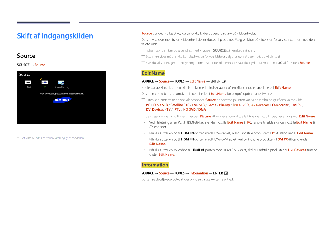 Samsung LH22DBDPLGC/EN manual Skift af indgangskilden, Source, Edit Name, Information 