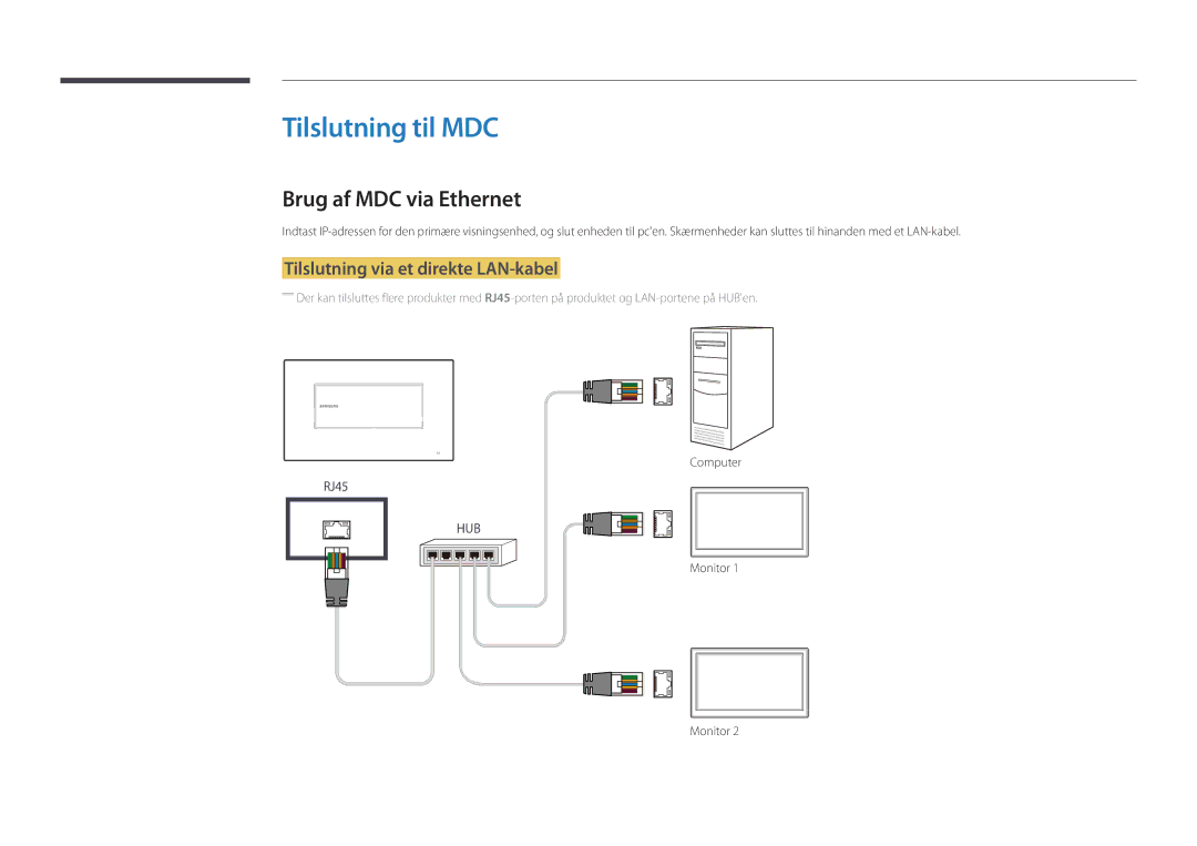 Samsung LH22DBDPLGC/EN manual Tilslutning til MDC, Brug af MDC via Ethernet, Tilslutning via et direkte LAN-kabel, Computer 