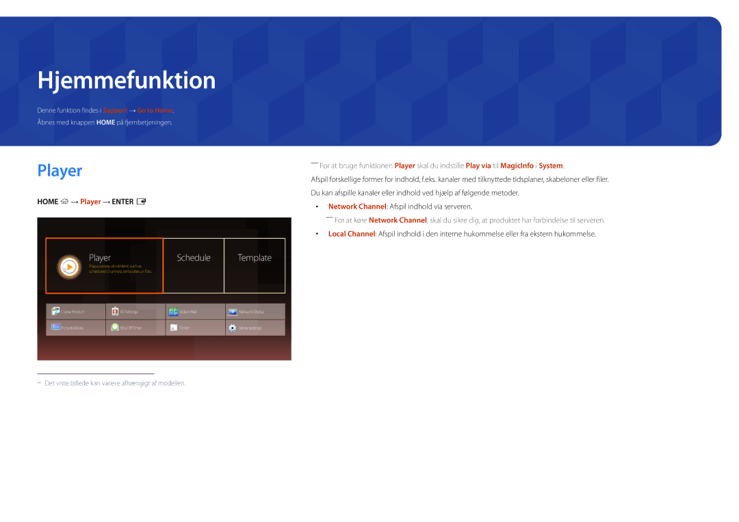 Samsung LH22DBDPLGC/EN manual Hjemmefunktion, Schedule Template, Home → Player → Enter E 