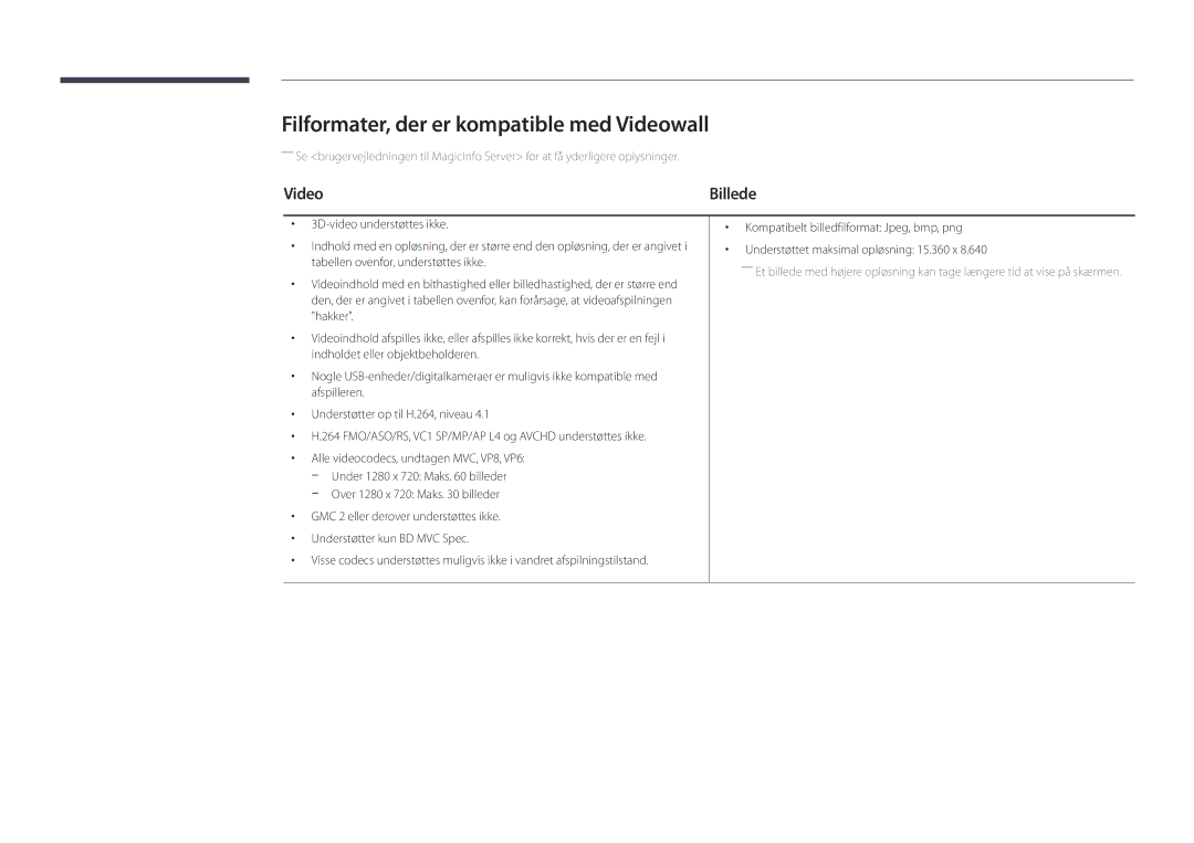 Samsung LH22DBDPLGC/EN manual Filformater, der er kompatible med Videowall 