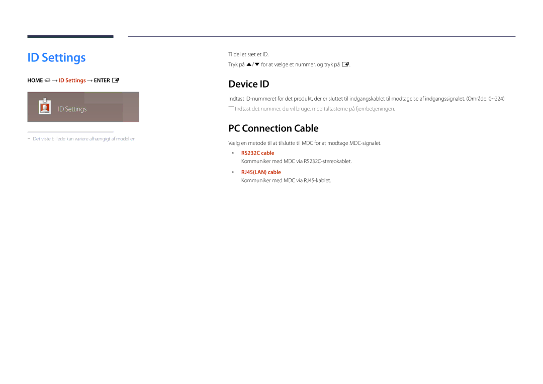 Samsung LH22DBDPLGC/EN manual ID Settings, Device ID, PC Connection Cable 