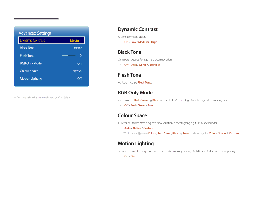 Samsung LH22DBDPLGC/EN manual Dynamic Contrast, Black Tone, Flesh Tone, RGB Only Mode, Colour Space, Motion Lighting 