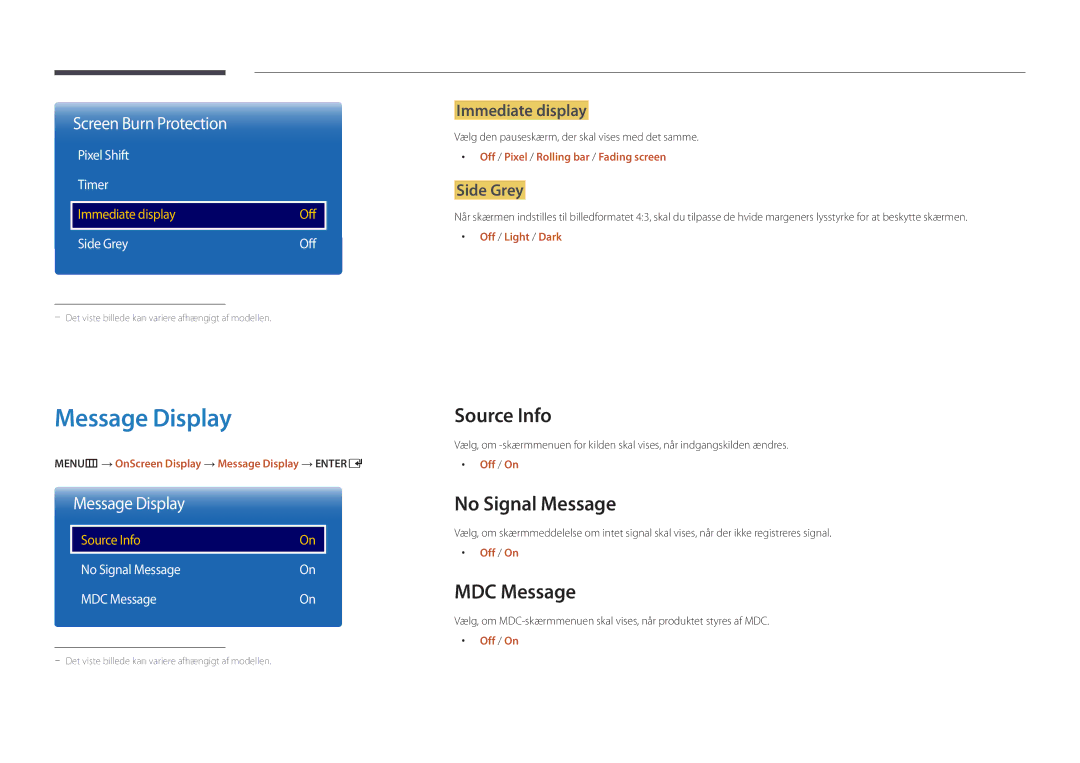 Samsung LH22DBDPLGC/EN manual Message Display, Source Info, No Signal Message, MDC Message 