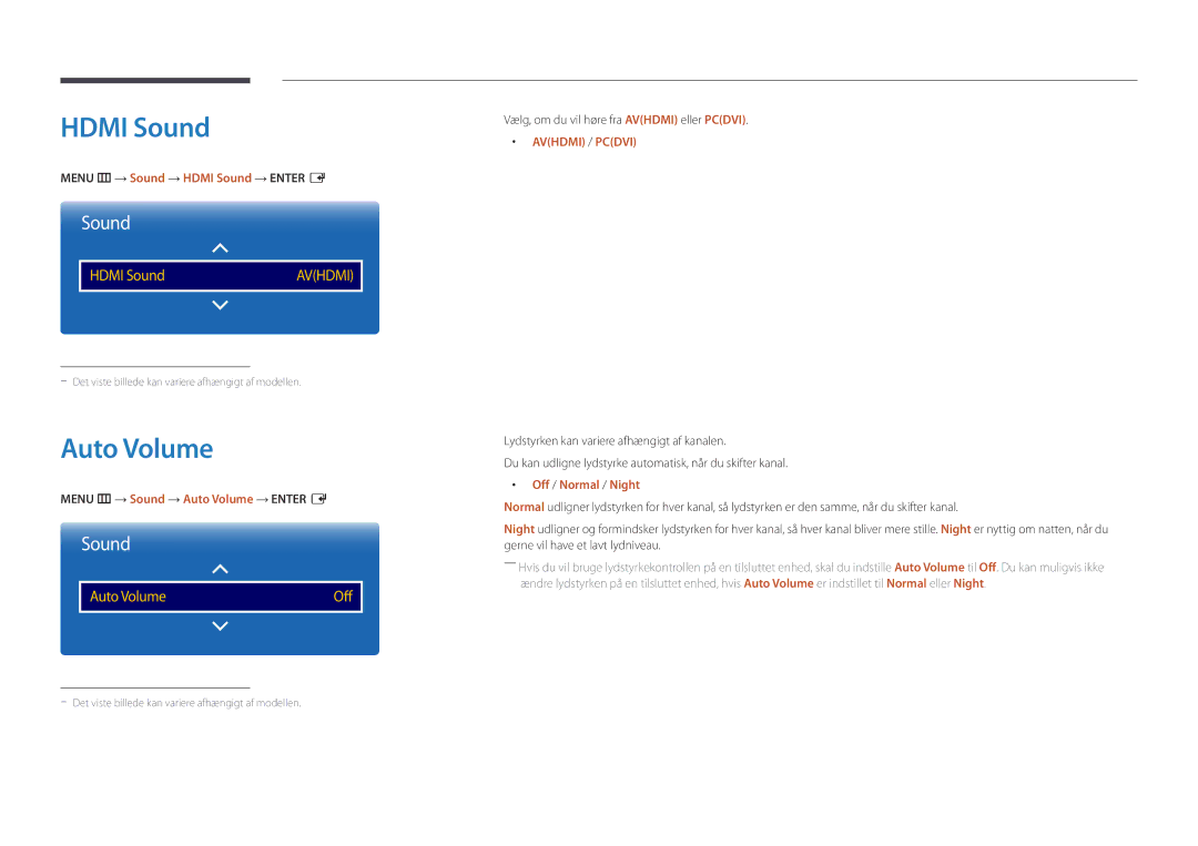 Samsung LH22DBDPLGC/EN manual Menu m → Sound → Hdmi Sound → Enter E, Menu m → Sound → Auto Volume → Enter E 