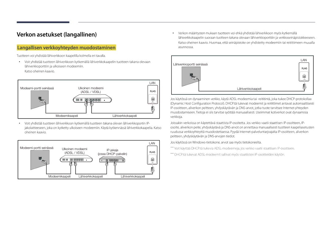 Samsung LH22DBDPLGC/EN manual Verkon asetukset langallinen, Langallisen verkkoyhteyden muodostaminen 