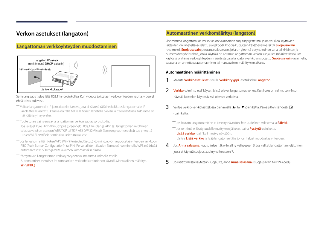 Samsung LH22DBDPLGC/EN manual Verkon asetukset langaton, Langattoman verkkoyhteyden muodostaminen 