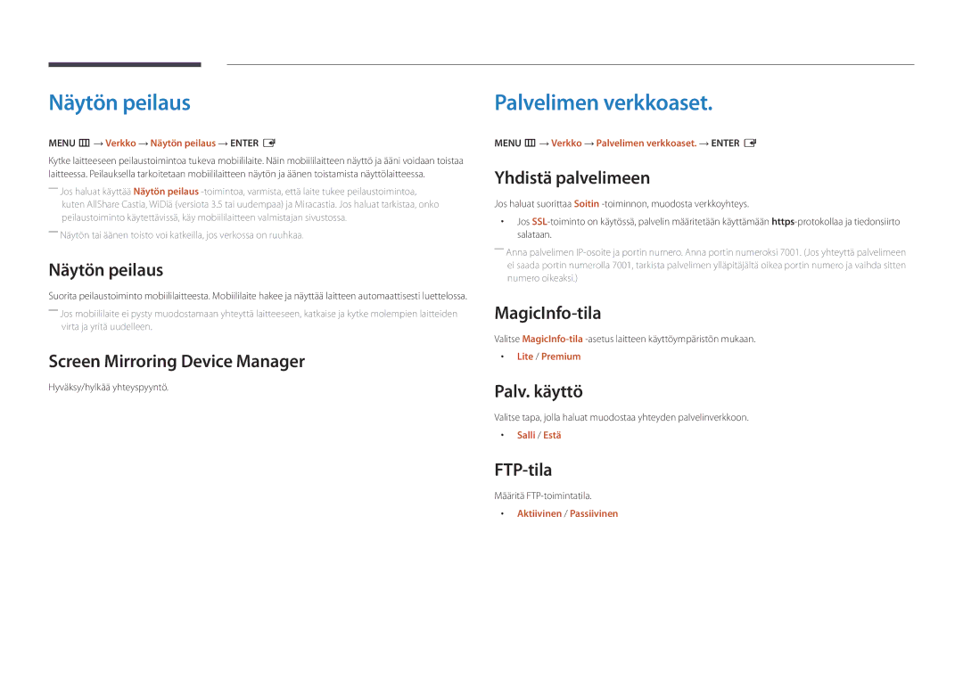 Samsung LH22DBDPLGC/EN manual Näytön peilaus, Palvelimen verkkoaset 