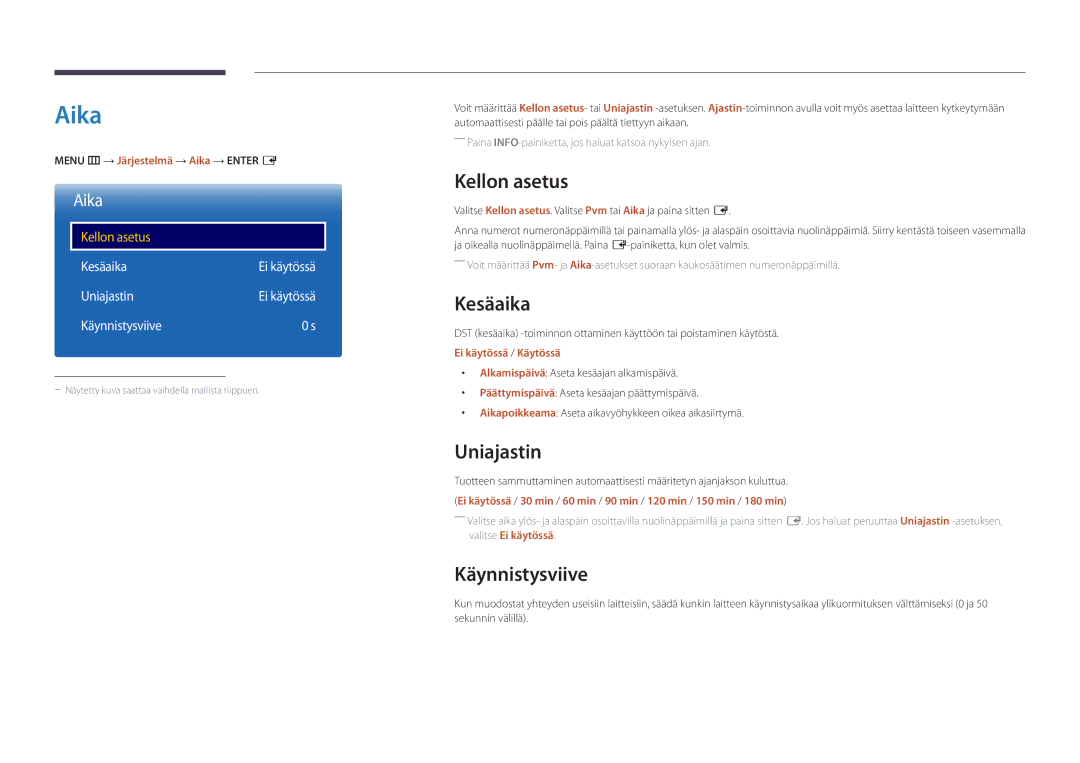 Samsung LH22DBDPLGC/EN manual Aika, Kellon asetus, Kesäaika, Uniajastin, Käynnistysviive 