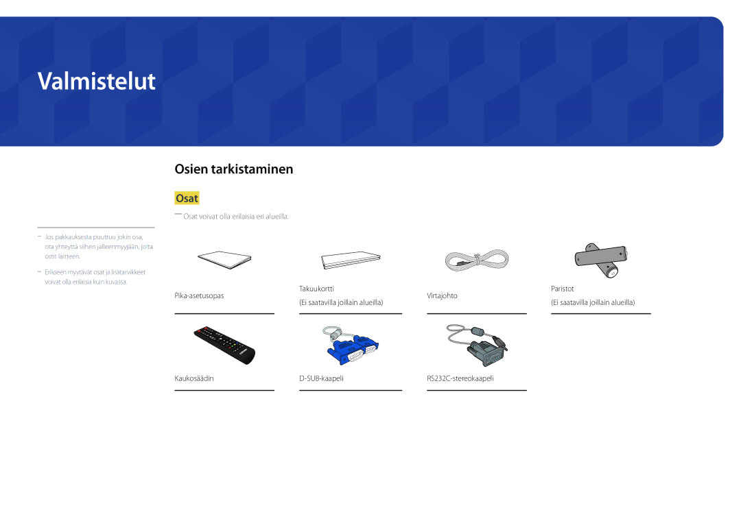 Samsung LH22DBDPLGC/EN manual Valmistelut, Osien tarkistaminen, Osat 