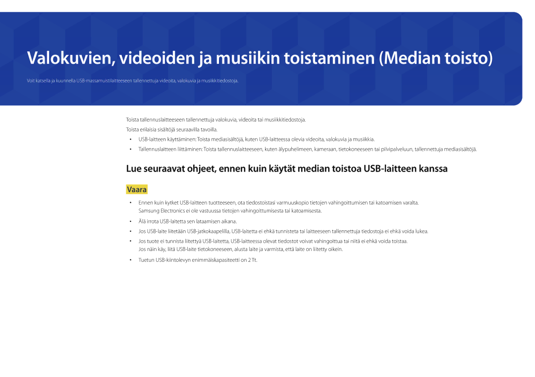 Samsung LH22DBDPLGC/EN manual Valokuvien, videoiden ja musiikin toistaminen Median toisto 