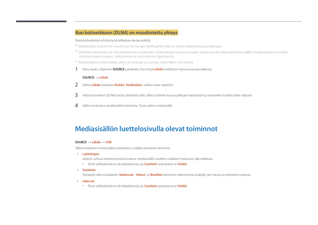 Samsung LH22DBDPLGC/EN manual Mediasisällön luettelosivulla olevat toiminnot, Kun kotiverkkoon Dlna on muodostettu yhteys 