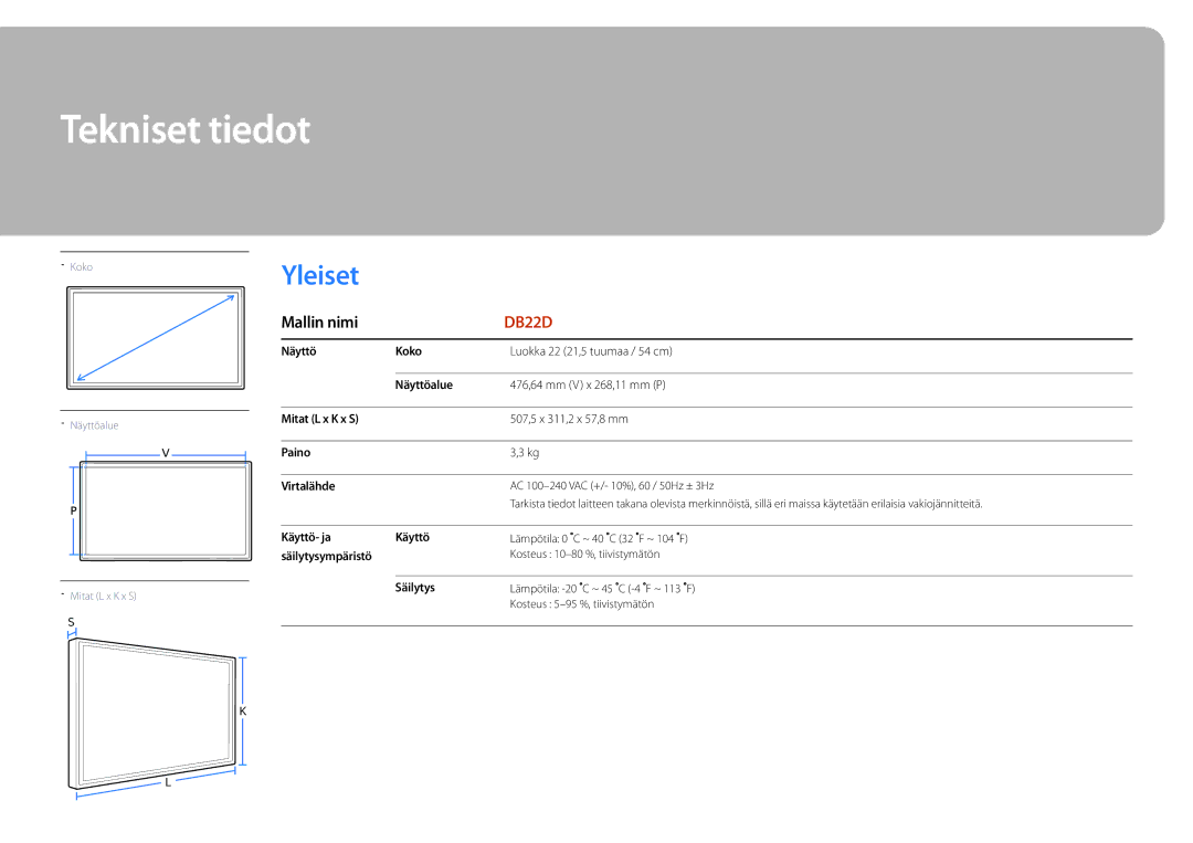 Samsung LH22DBDPLGC/EN manual Tekniset tiedot 