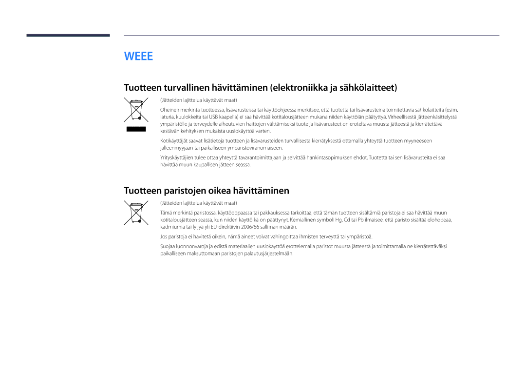 Samsung LH22DBDPLGC/EN manual Tuotteen paristojen oikea hävittäminen, Jätteiden lajittelua käyttävät maat 