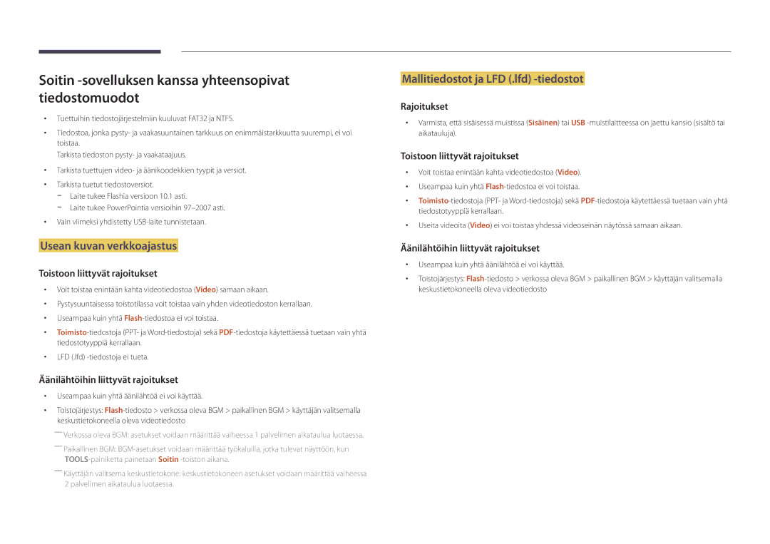 Samsung LH22DBDPLGC/EN manual Soitin -sovelluksen kanssa yhteensopivat tiedostomuodot, Usean kuvan verkkoajastus 