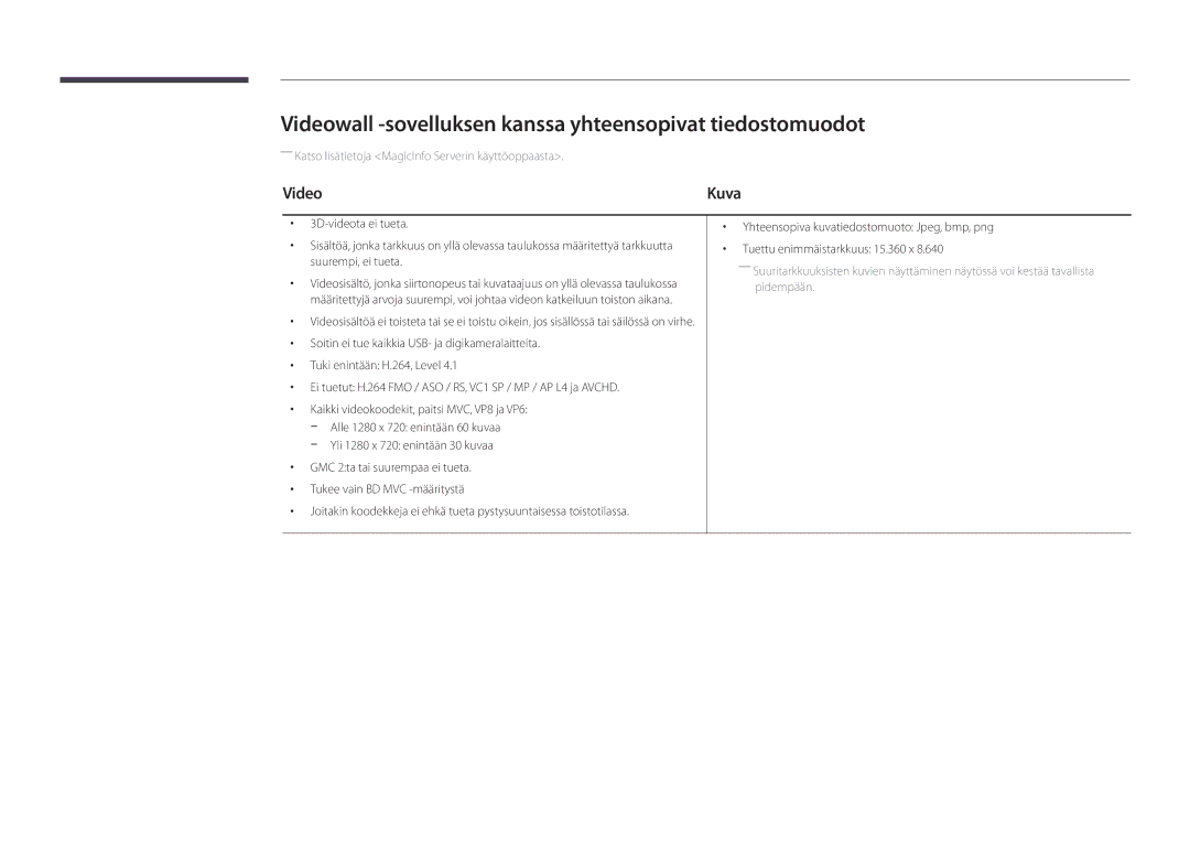 Samsung LH22DBDPLGC/EN manual Videowall -sovelluksen kanssa yhteensopivat tiedostomuodot 