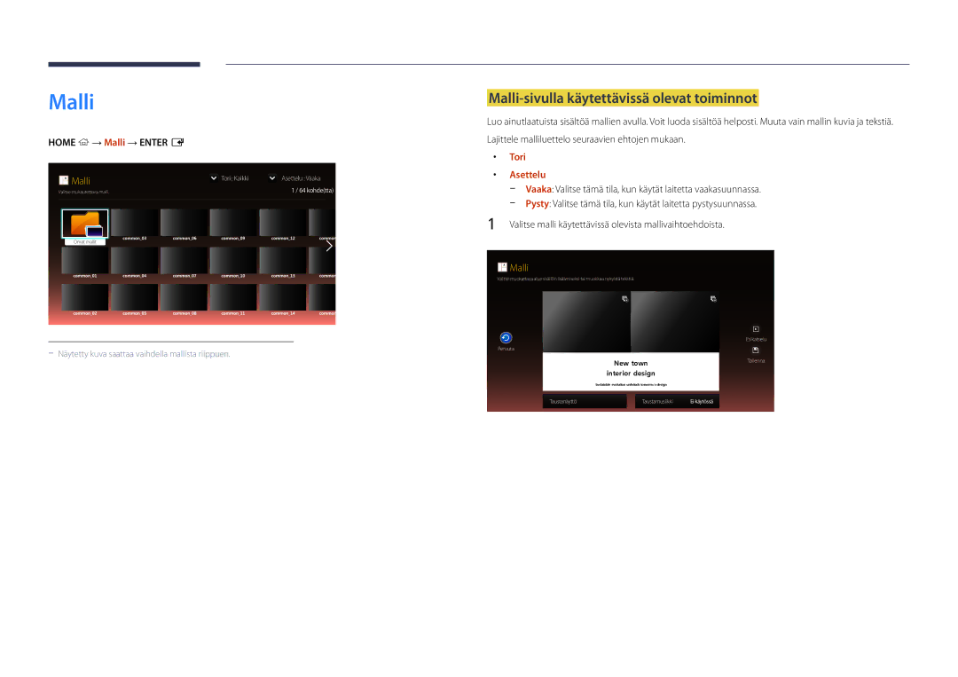 Samsung LH22DBDPLGC/EN manual Malli-sivulla käytettävissä olevat toiminnot, Home → Malli → Enter E, Tori, Asettelu 