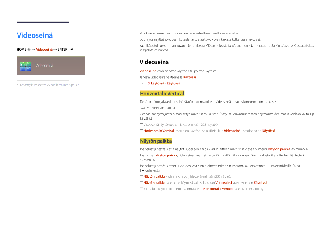 Samsung LH22DBDPLGC/EN manual Videoseinä, Horizontal x Vertical, Näytön paikka 