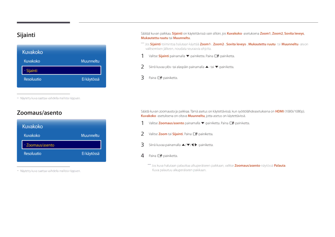 Samsung LH22DBDPLGC/EN manual Sijainti, Zoomaus/asento, KuvakokoMuunneltu 