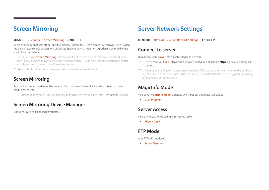 Samsung LH22DBDPLGC/EN manual Screen Mirroring, Server Network Settings 