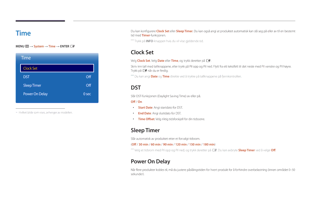 Samsung LH22DBDPLGC/EN manual Clock Set, Sleep Timer, Power On Delay 