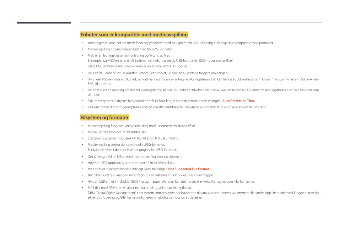 Samsung LH22DBDPLGC/EN manual Enheter som er kompatible med medieavspilling, Filsystem og formater 