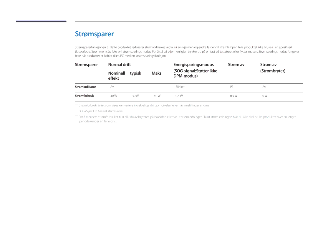 Samsung LH22DBDPLGC/EN manual Strømsparer, DPM-modus Effekt, Strømindikator Blinker Strømforbruk 40 W 