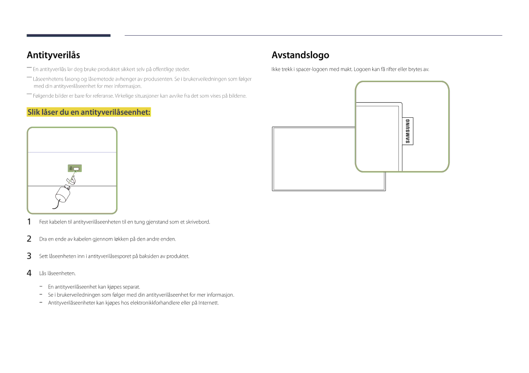 Samsung LH22DBDPLGC/EN manual Antityverilås, Slik låser du en antityverilåseenhet 