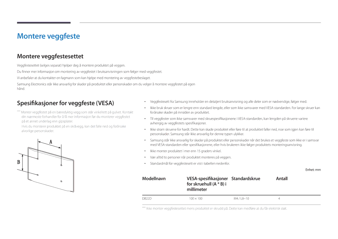 Samsung LH22DBDPLGC/EN Montere veggfestesettet, Spesifikasjoner for veggfeste Vesa, For skruehull a * B Millimeter 