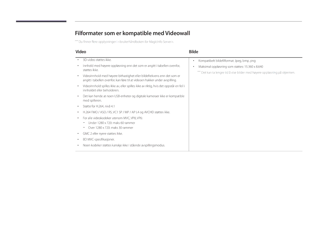 Samsung LH22DBDPLGC/EN manual Filformater som er kompatible med Videowall 